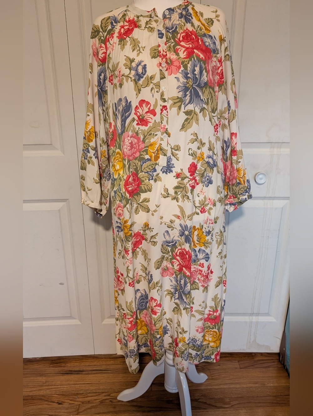 Zara Cream Floral Long-Sleeve Button Dress with Red, Blue & Yellow Blooms